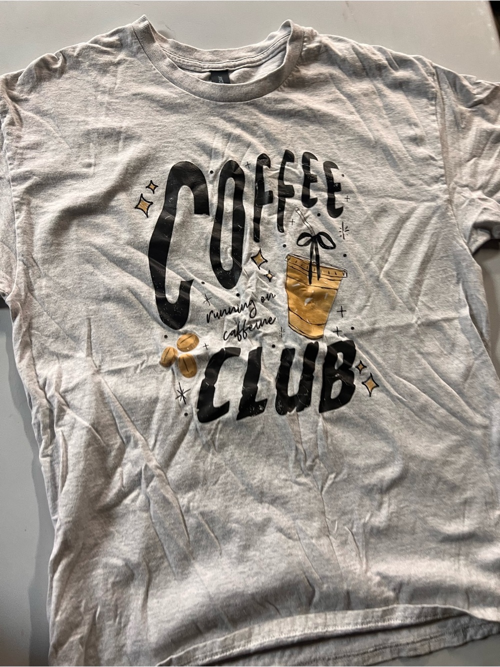 Gildan Light Gray "Coffee Club" Graphic Tee with Black & Gold Print